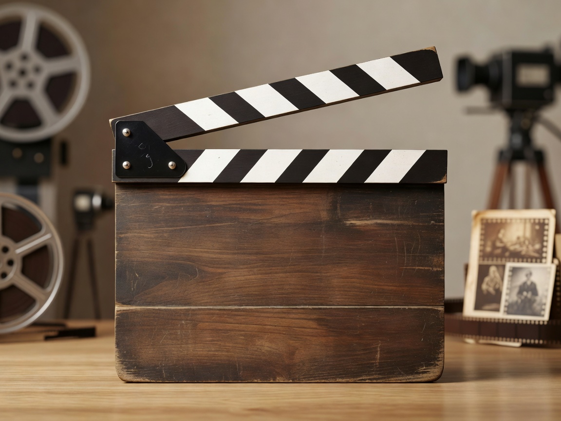 Vintage movie clapperboard representing the 130 year history of French cinema
